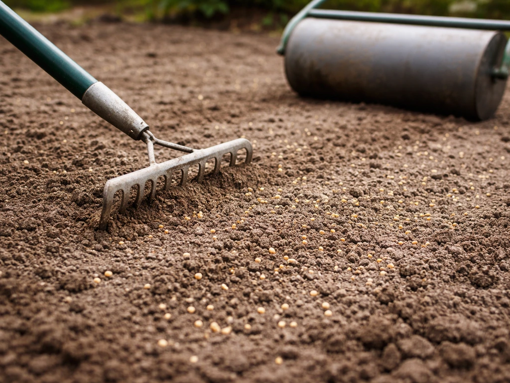 Tuinhark die zaden licht afdekt (0,5–1 cm) en een wals/rol klaar voor stevig aandrukken.