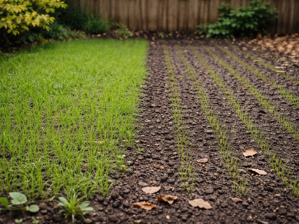 Twee seizoensdelen in de tuin: ingezaaide grond met voorjaarsspruiten links en najaarszaai-rijtjes rechts.