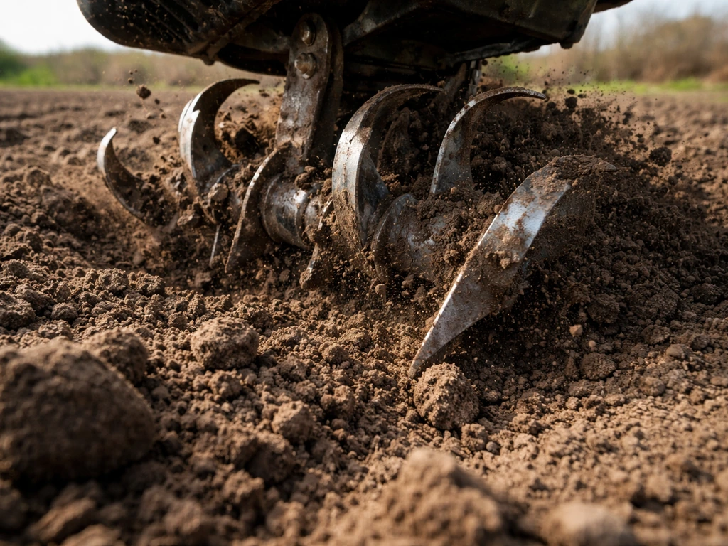 Tuinfrees die aarde losmaakt tot circa 15–20 cm, met open bodemstructuur op een moestuinbed.