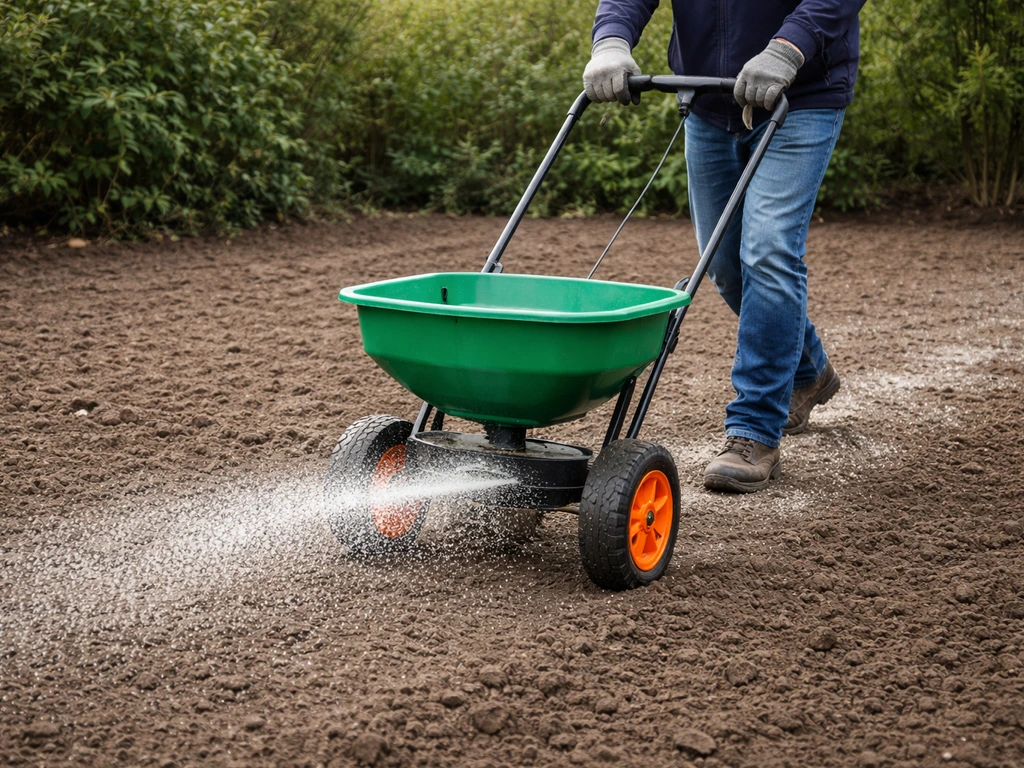 Tuinman strooit kalk gelijkmatig over een voorbewerkte gazonbodem met een strooiwagen