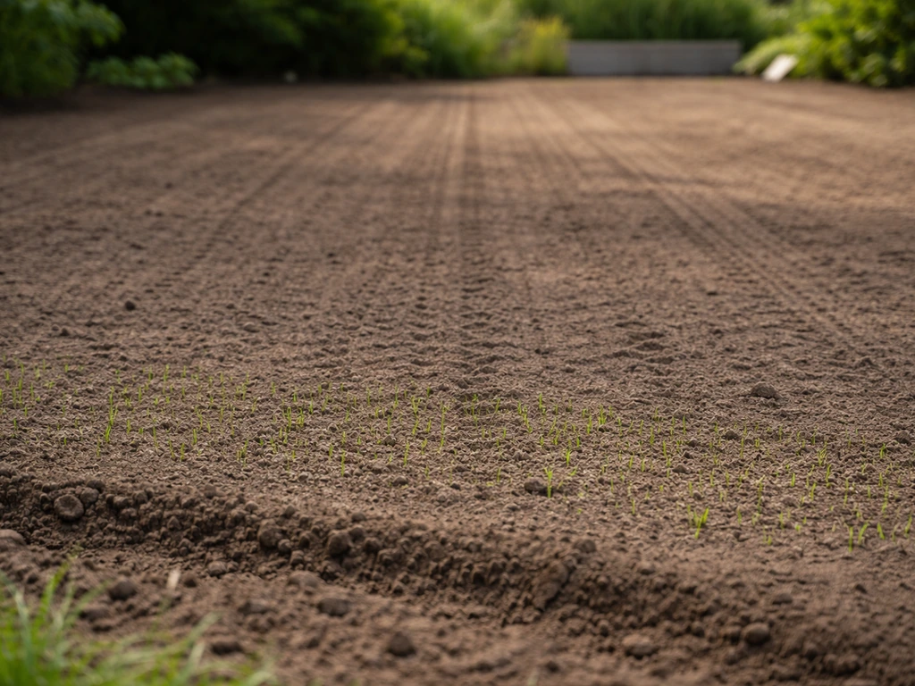 Net gefreesd gazon met strak geëgaliseerde grond en zichtbare kiemen van nieuw graszaad.