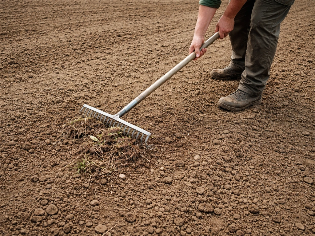 Anonieme tuinier harkt plantenresten en kleine steentjes weg van een net geffreesde, geëgaliseerde toplaag.