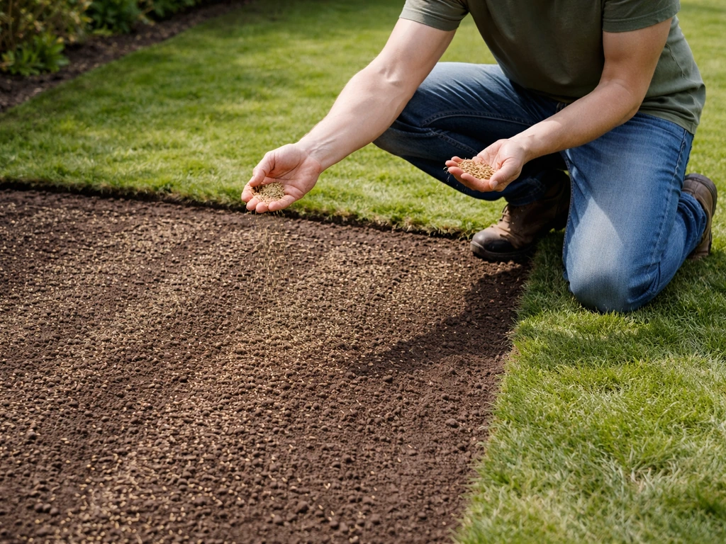 Iemand die met de hand graszaad uitstrooit op een kleine gazonstrook, voor twee zaairichtingen