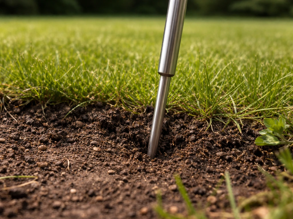 Tuinier meet met een bodemthermometer de temperatuur in de grond bij het gazon