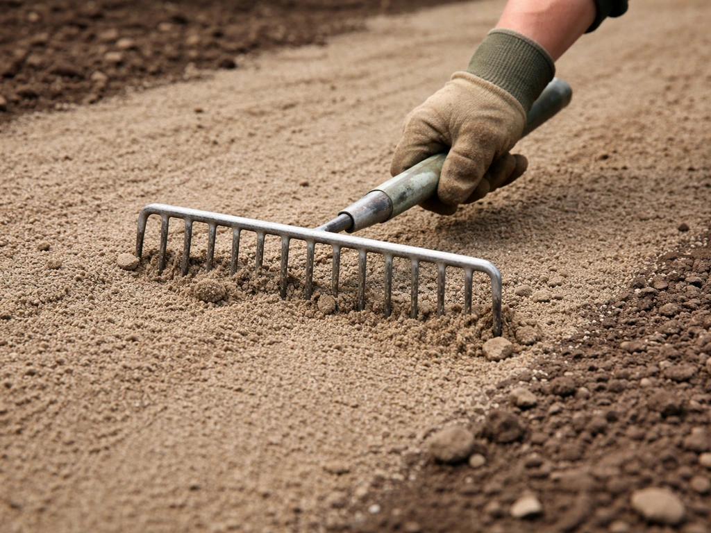 Anonieme hand die met een hark een dunne laag topdressing gelijkmatig gladstrijkt op bijzaai-plek