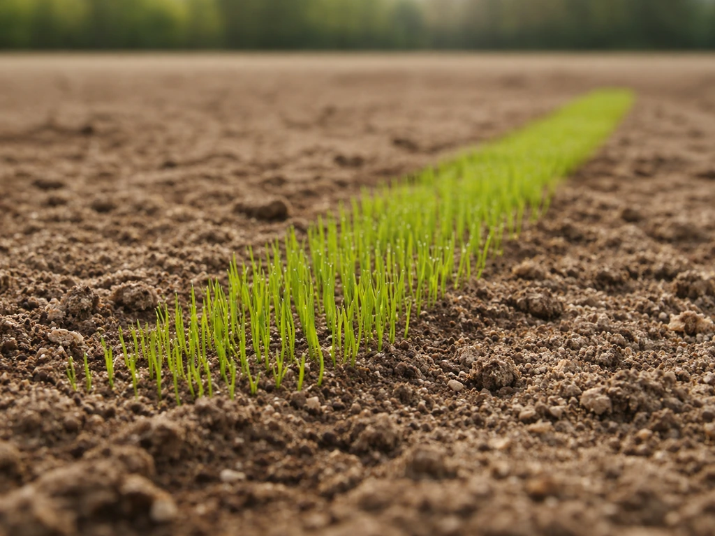 Vers ingezaaid gazon met zichtbare jonge grassprieten en voorbereide grond op de achtergrond.