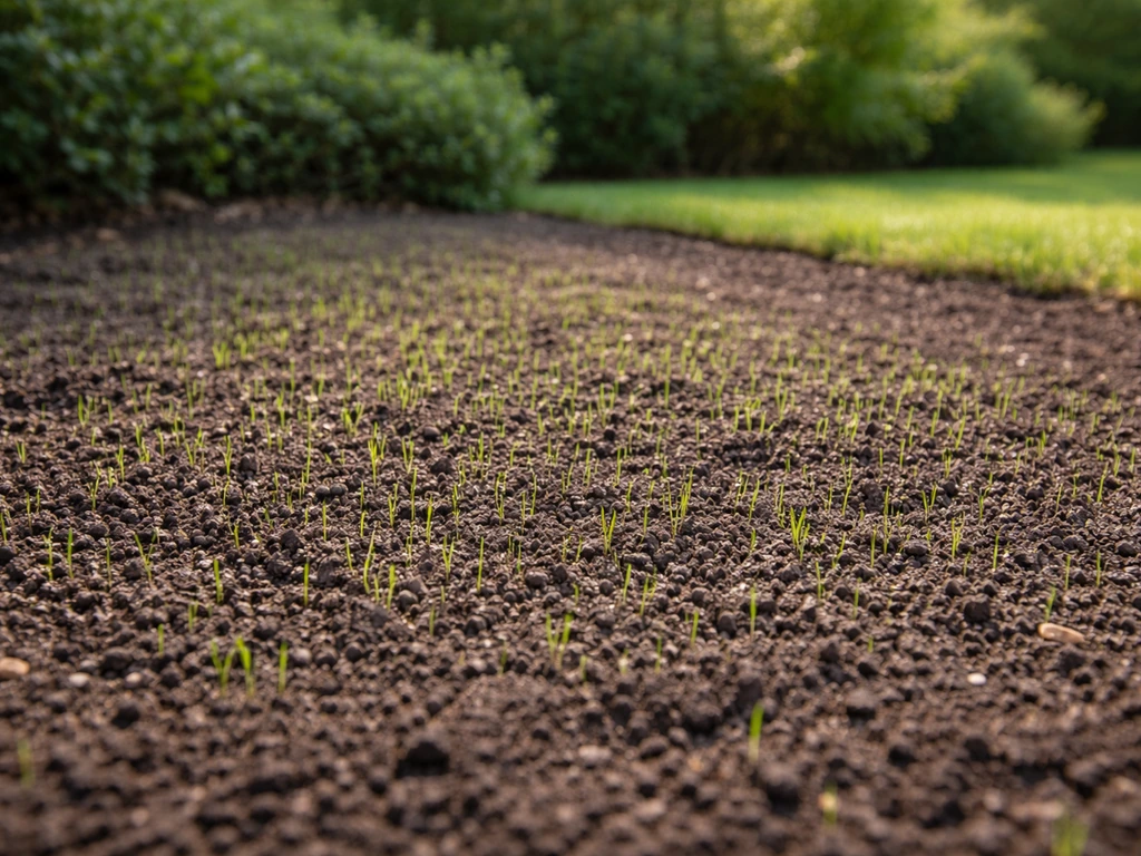 Opkomend graszaad in een voorbereide tuinborder in het voorjaar, met zachte ochtendzon op Nederlandse bodem.