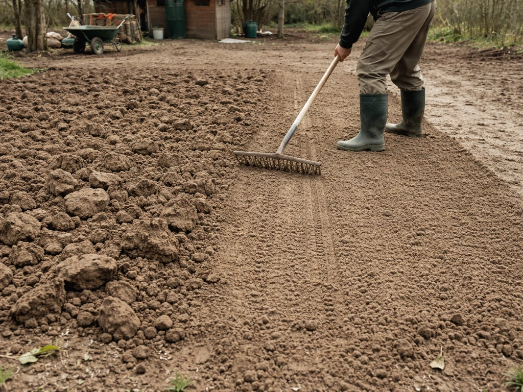 Tuinman egaliseert net losgemaakte grond met een hark; links grovere kluiten, rechts vlakgetrokken aarde.