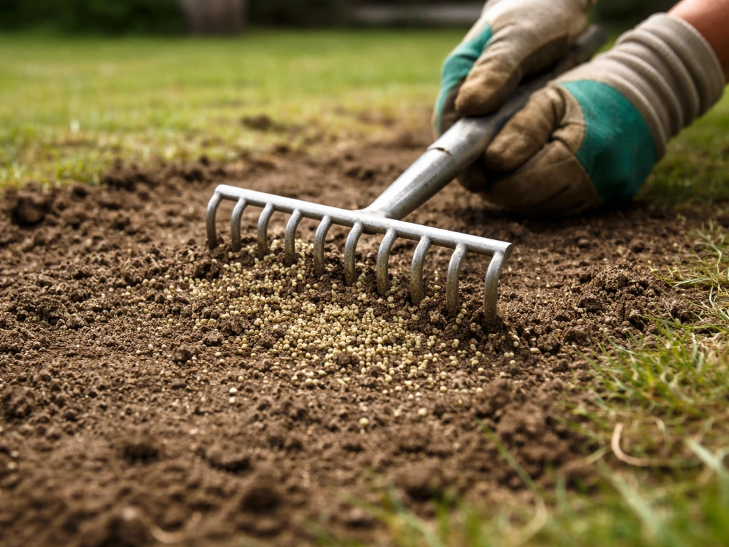 Tuinman harkt licht de toplaag en werkt langzaamwerkende gazonmest in de grond bij het zaaibed