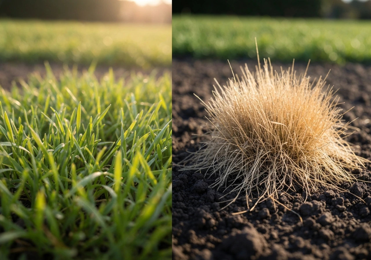 Tuinrand met ingezaaide grond: links jonge grassprieten, rechts donker vochtige aarde, als seizoensvergelijking.