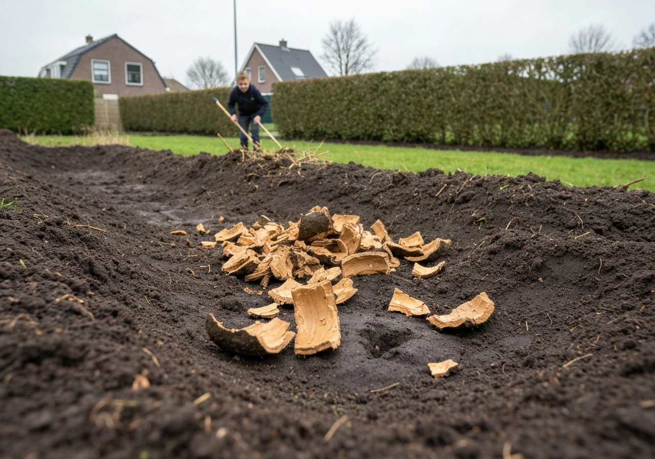 Tuinvoorbereiding: een schop schept losgemaakte grond van 10–15 cm, met een egaal zaaibed in zicht