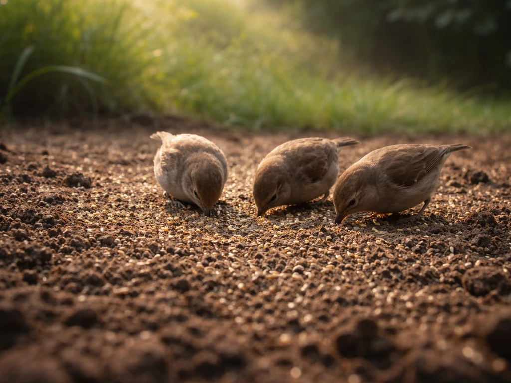 Vroege ochtendzangvogels pikken in een vers zaaibed waar kleine graszaadjes zichtbaar tussen de grond liggen.