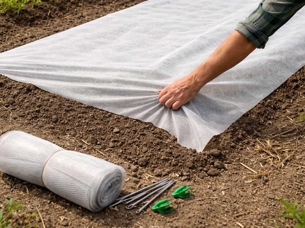 Tuinier dekt een ingezaaid groentebed af met ademend afdekvlies; afschrikmateriaal ligt klaar naast de bedekking.