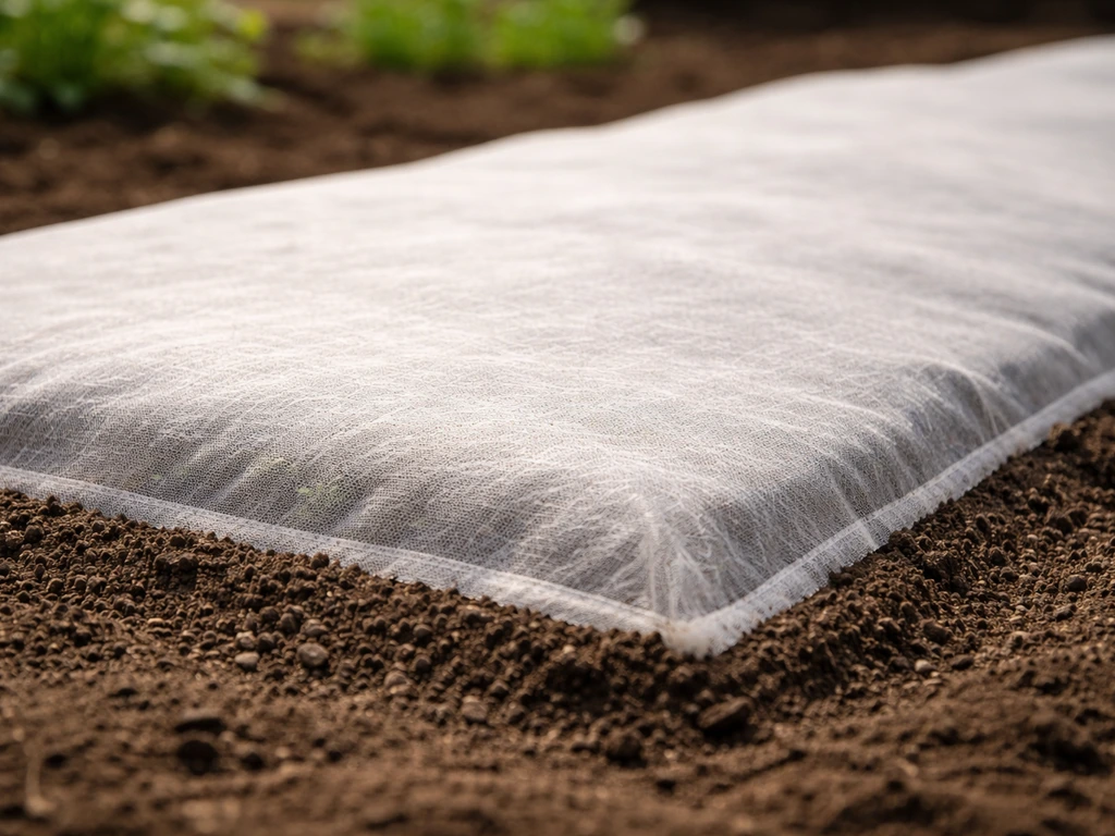 Detail van strak ademend kweekdoek over een zaaibed met nette rand-afwerking in een moestuin