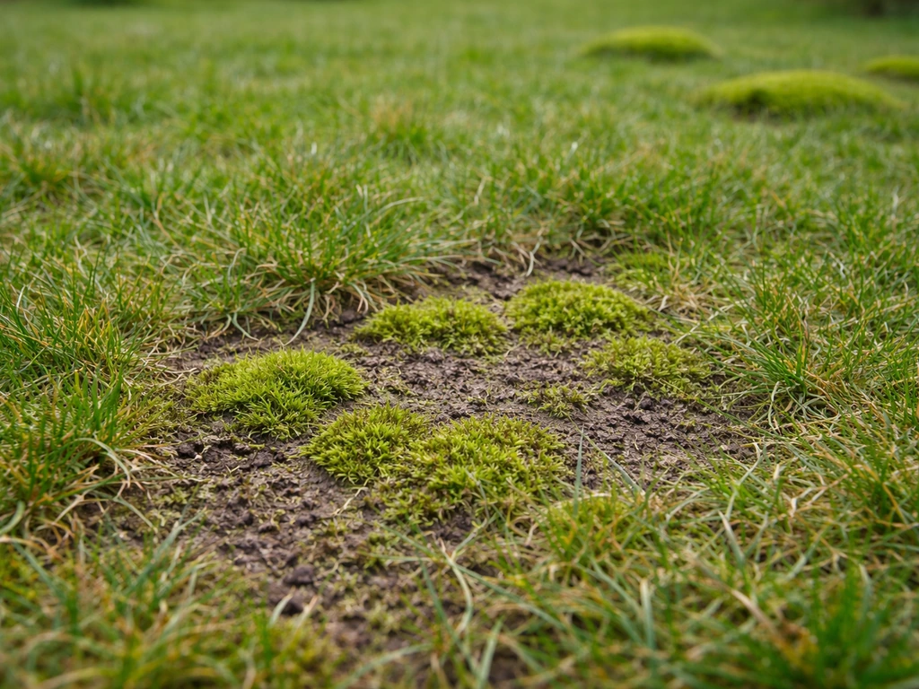 Mos tussen het gras in de tuin, als visuele aanwijzing dat de bodem-pH mogelijk te laag is.