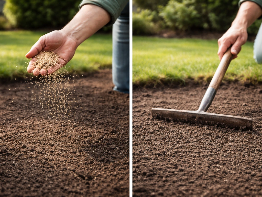 Handstrooien van graszaad op een fijn zaaibed, met lichte afwerking voor een gelijkmatige verdeling.