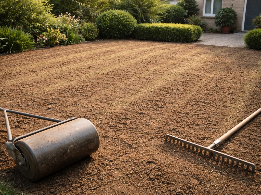 Egaal stuk grond met gezaaide banen en een tuinwals of hark, klaar voor een nieuw gazon.