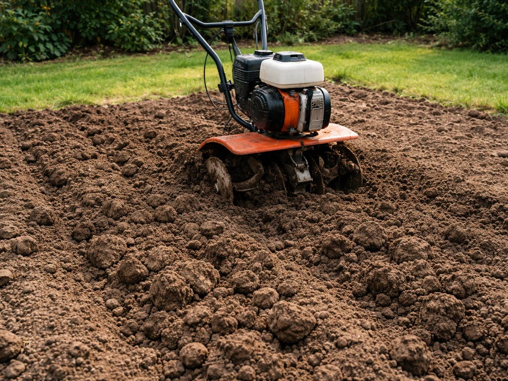 Buiten een tuinfrees in losgefreesde grond met een voorbereide zaaibed-structuur vóór egaliseren