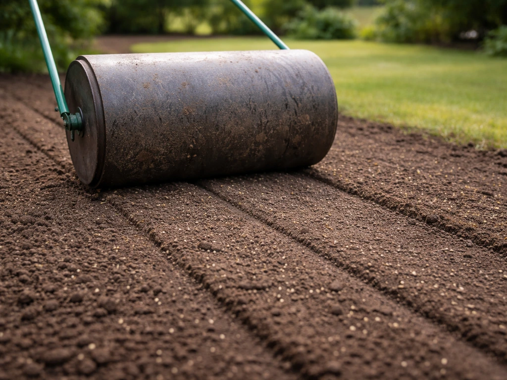 Tuinwals die net na het inzaaien over een vers ingezaaid gazon rolt, zodat zaad en bodem goed contact maken.