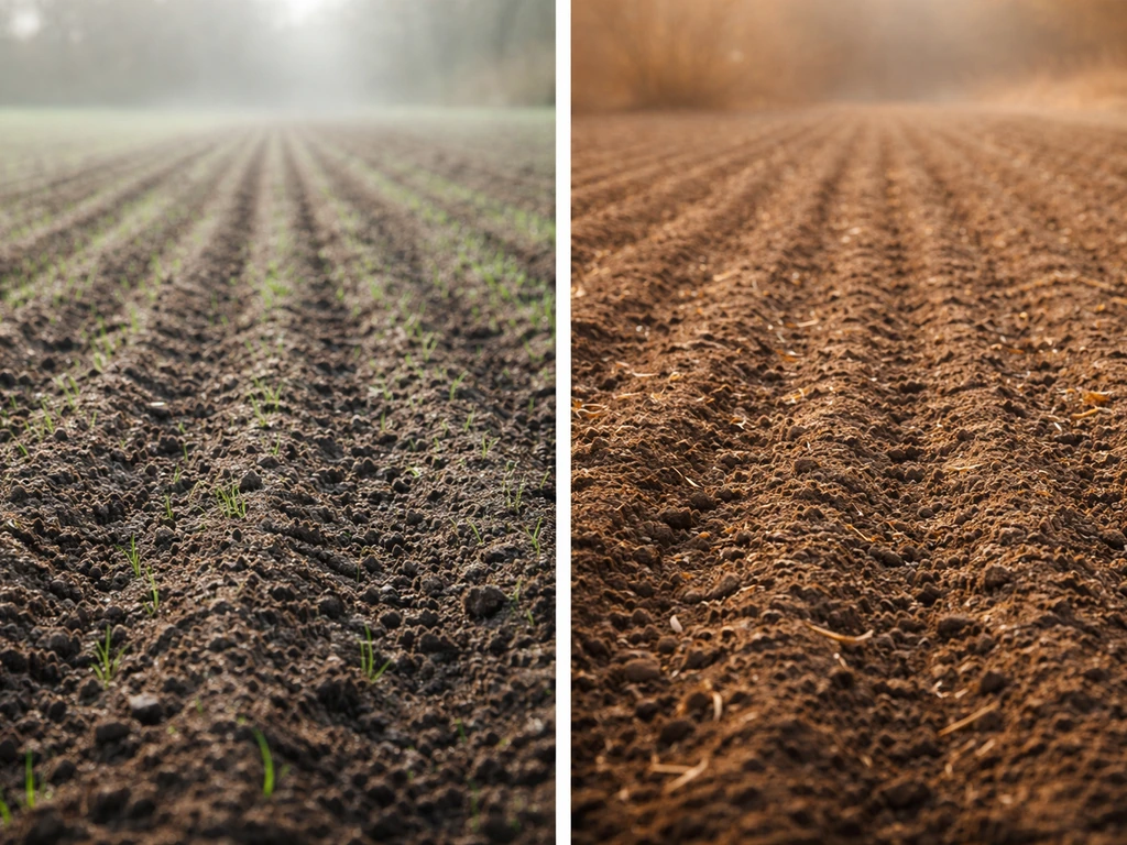 Twee naast elkaar liggende zaaibedden: frisser voorjaar links en warm najaar rechts, met realistische bodemtextuur.