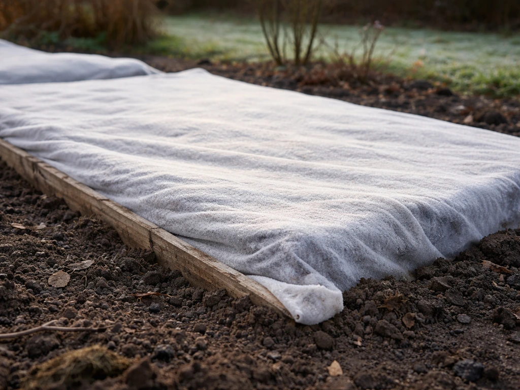 Tuinvlies/fleece ligt strak over het zaaibed in de tuin, klaar voor naderende vorst