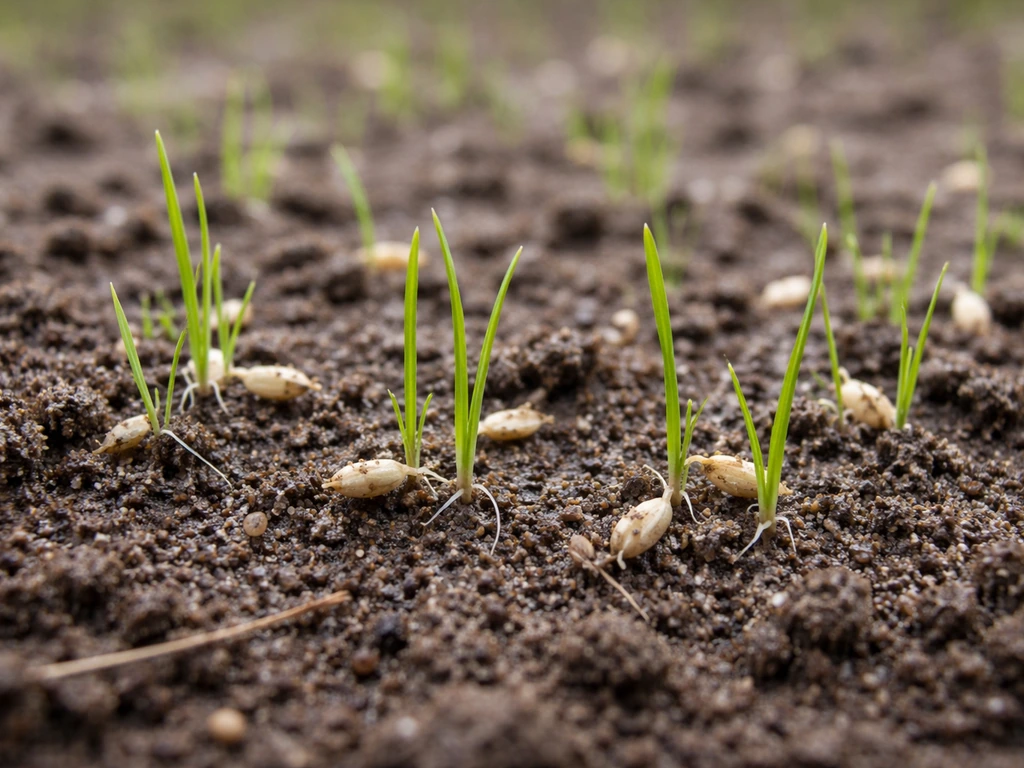 Close-up van jonge graspruiten en net ontkiemd graszaad in vochtige aarde, met fragiele kiemplantjes.