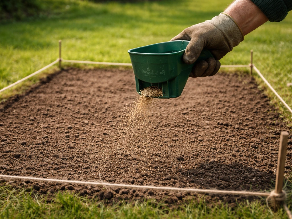 Handstrooier boven een zaaibed met graszaad, met duidelijke m²-context door een gemarkeerde strook