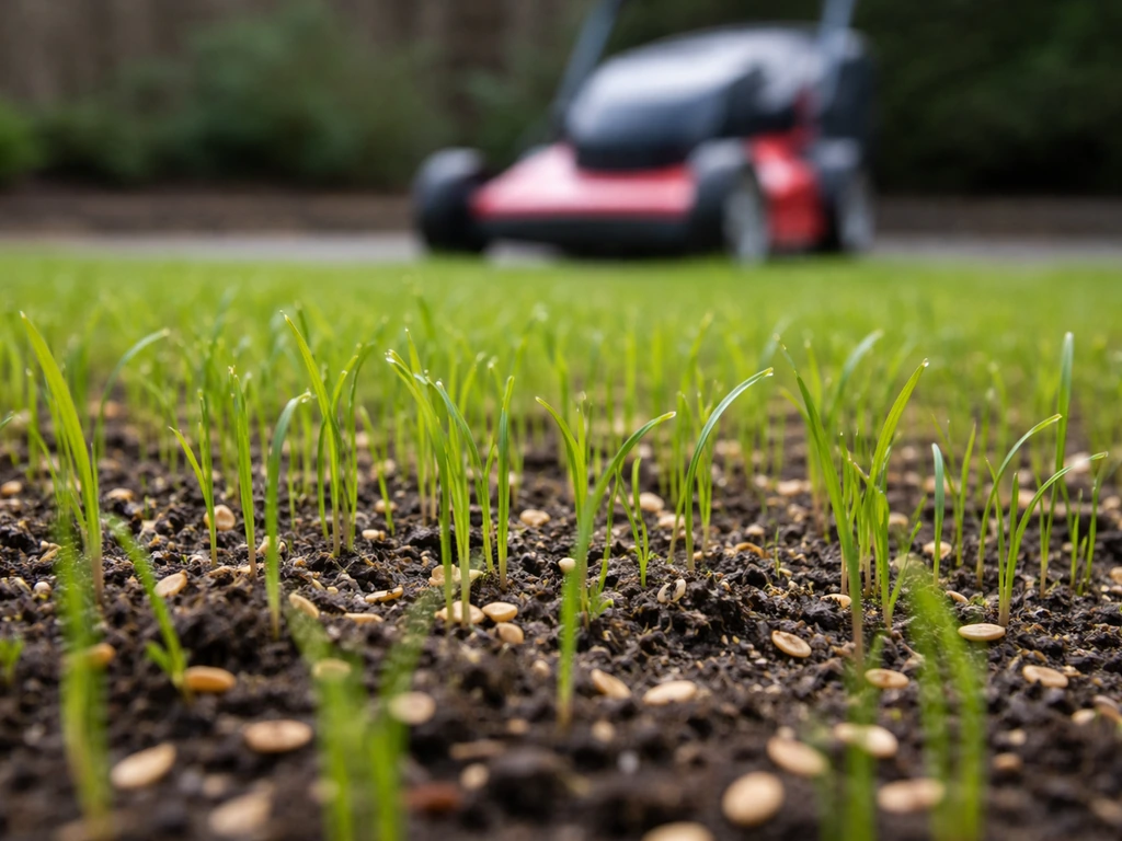 Laag bij de grond: jong ingezaaid gras met op de achtergrond een grasmaaier klaar voor de eerste maaibeurt.