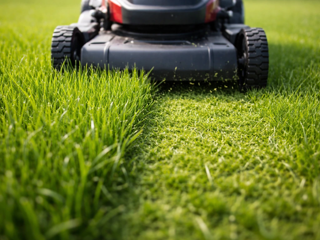 Close-up van de grasmaaier die jong gras netjes maait op de juiste hoogte, zonder de zode te beschadigen.