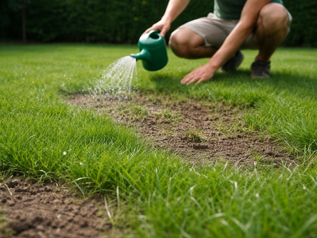 Een knielende tuinier geeft water aan een vers ingezaaid gazon met zichtbare natte grasbladeren en kale plekken.