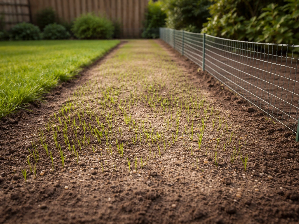 Herstellende gazonstrook met jonge grasgroei en een eenvoudig gaasje ter bescherming tegen konijnen.