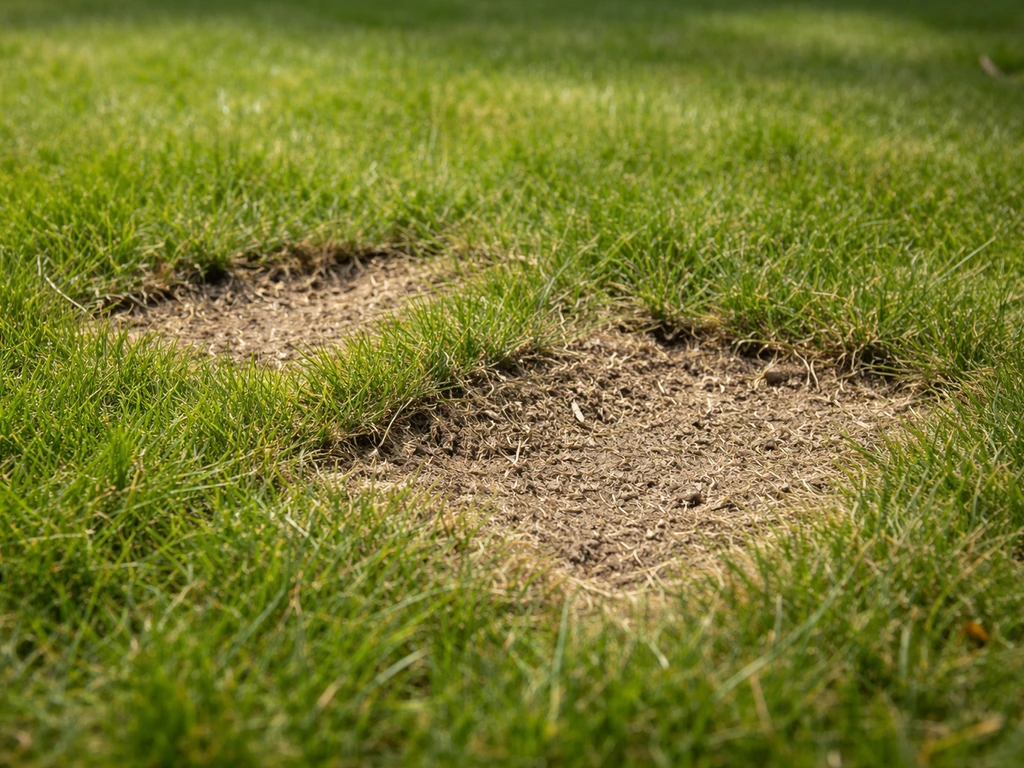 Close-up van kale vraatvlekken in het gazon met intact groen gras ernaast