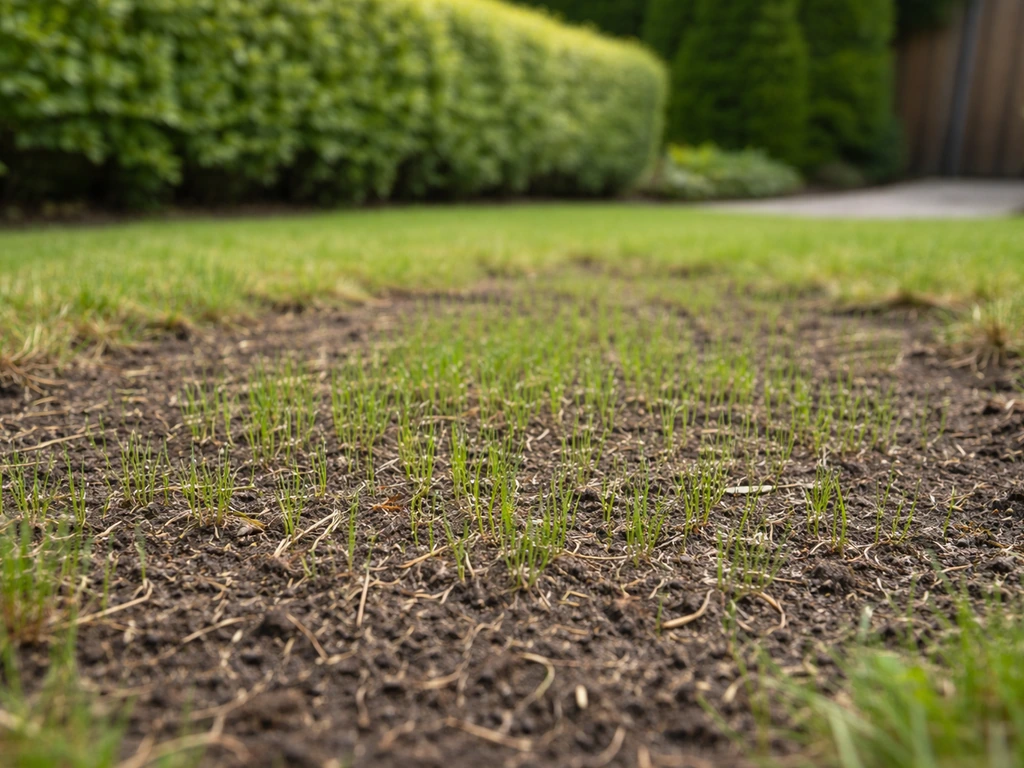 Opkomende gazonplek in het voorjaar met jonge gras sprieten in een Nederlandse tuin, zacht daglicht.