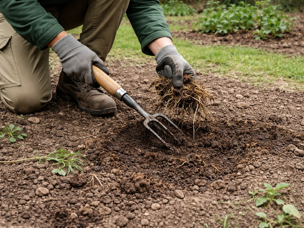 Tuinier haalt met onkruidsteker wortelresten uit een open plek in de tuin.