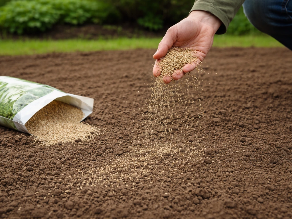 Hand die graszaad uitstrooit op een voorbereide tuinplek, met gazonmengsel/zak in de achtergrond.