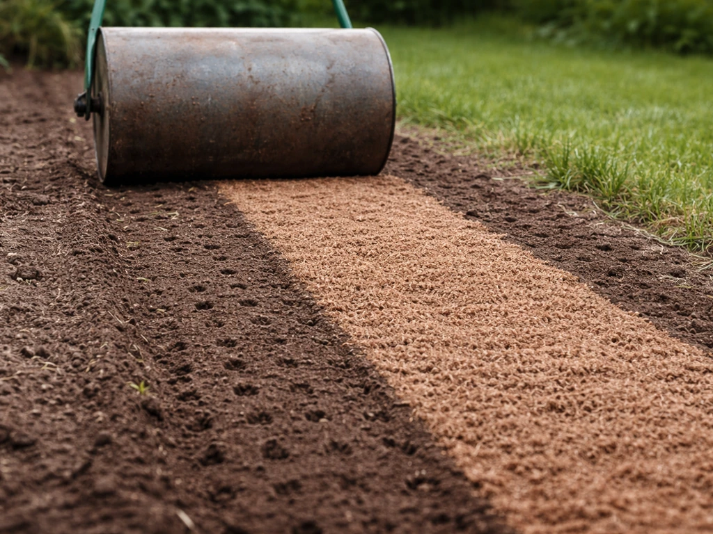 Close-up van een tuinrol die net ingezaaide grond aandrukt, met daarna een dunne laag turfmolm zichtbaar.