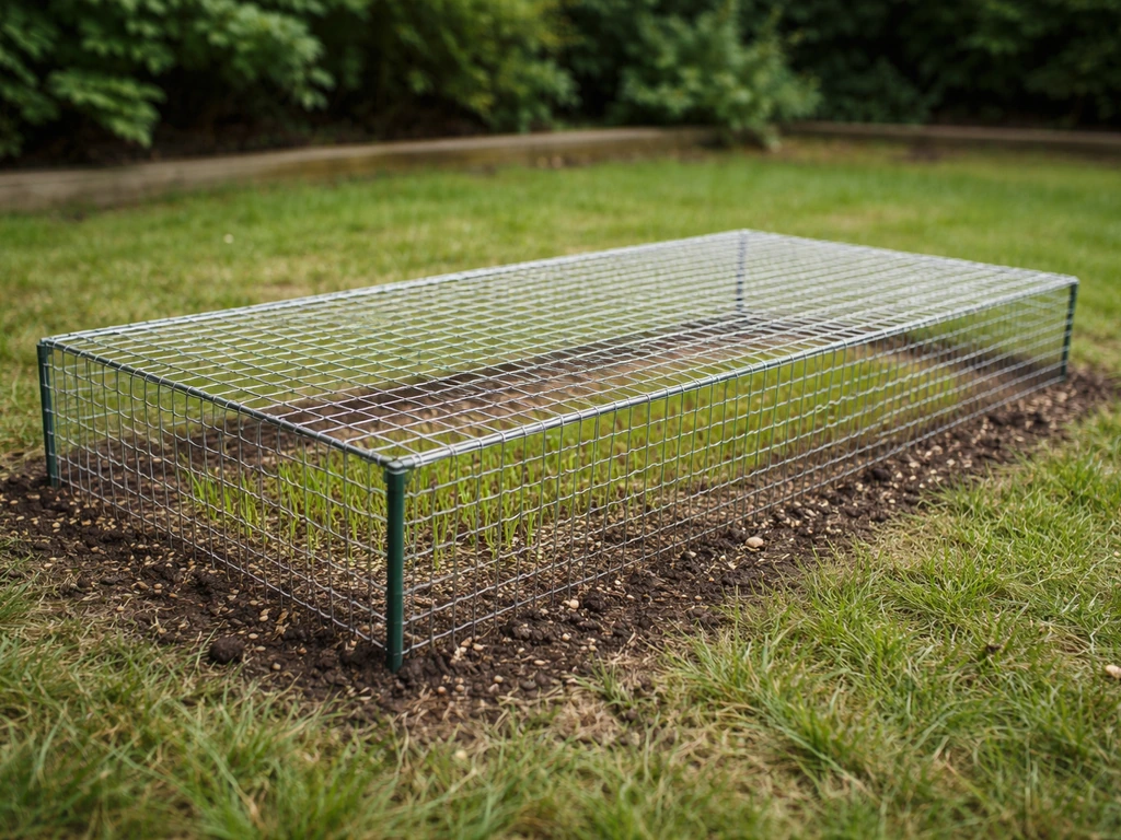 Tijdelijk konijnengaasframe over ingezaaide grasstrook op een Nederlands gazon, in natuurlijk daglicht.