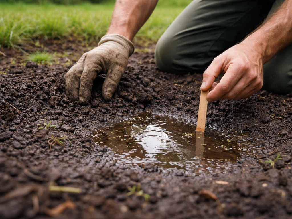 Tuinier knielt in de tuin en inspecteert natte grondplekken na regen met een meetlatje, close-up.