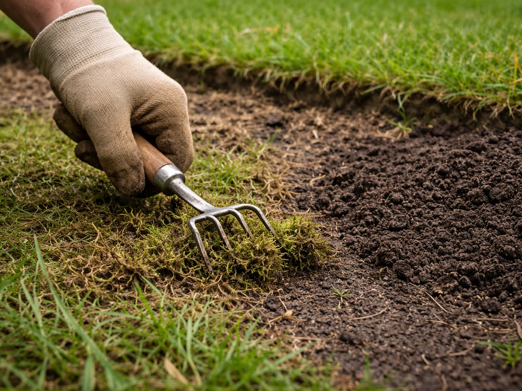 Hand schraapt mos en oud gras weg en brengt daarna een laag tuinaarde op het gazon aan