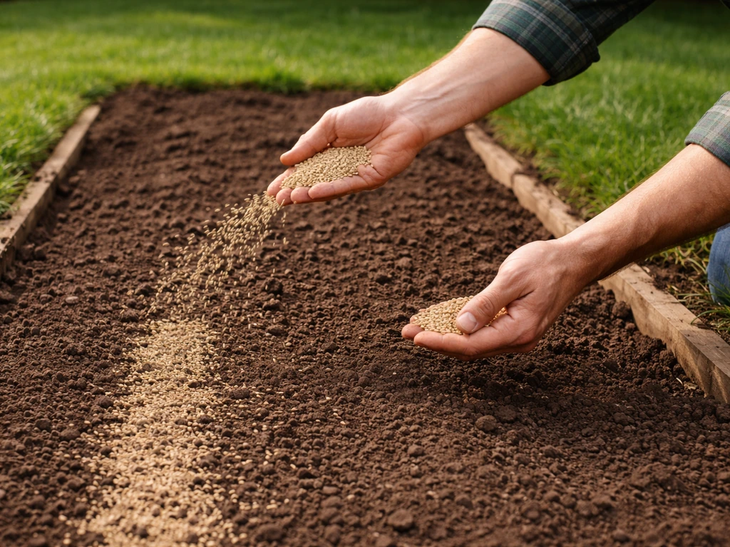 Tuinier strooit met de hand graszaad in een afgezette inzaai-rij, gezien van boven schuin.