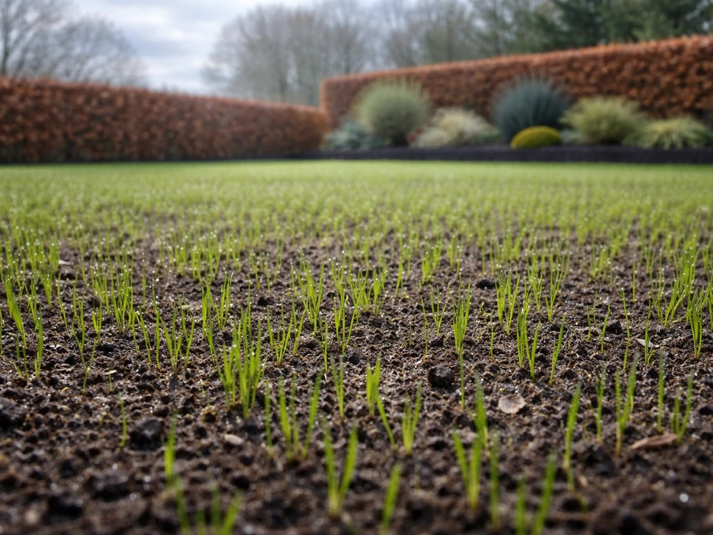 Lentetuin in Nederland met ingezaaid gazon in opkomst, zacht groen en vochtig voorjaar weer