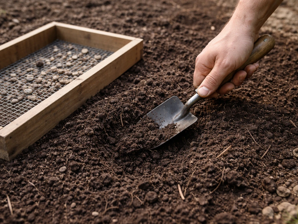 Tuinman maakt de grond los met een spade en haalt stenen en wortelresten uit