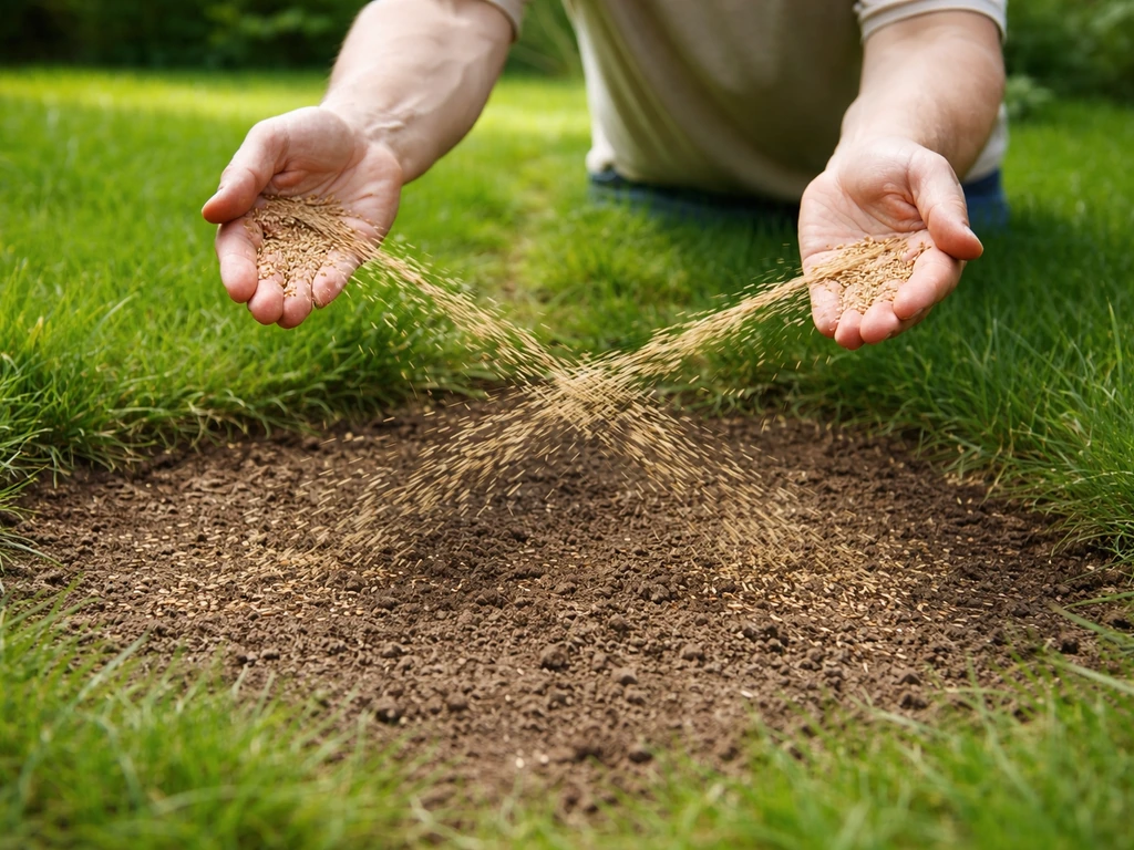 Iemand strooit gazonzaden met de hand op een kaal stuk gras, in twee richtingen voor een gelijkmatige verdeling.