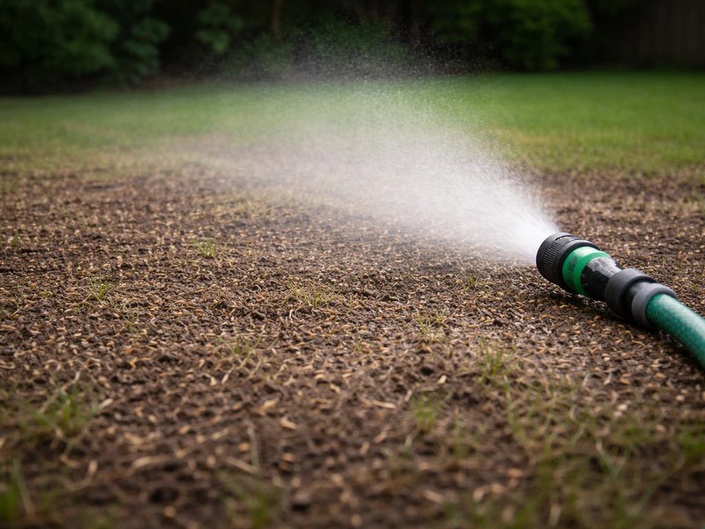 Fijn sproeien van water over ingezaaid gazon zodat het graszaad vochtig blijft zonder uitspoelen.