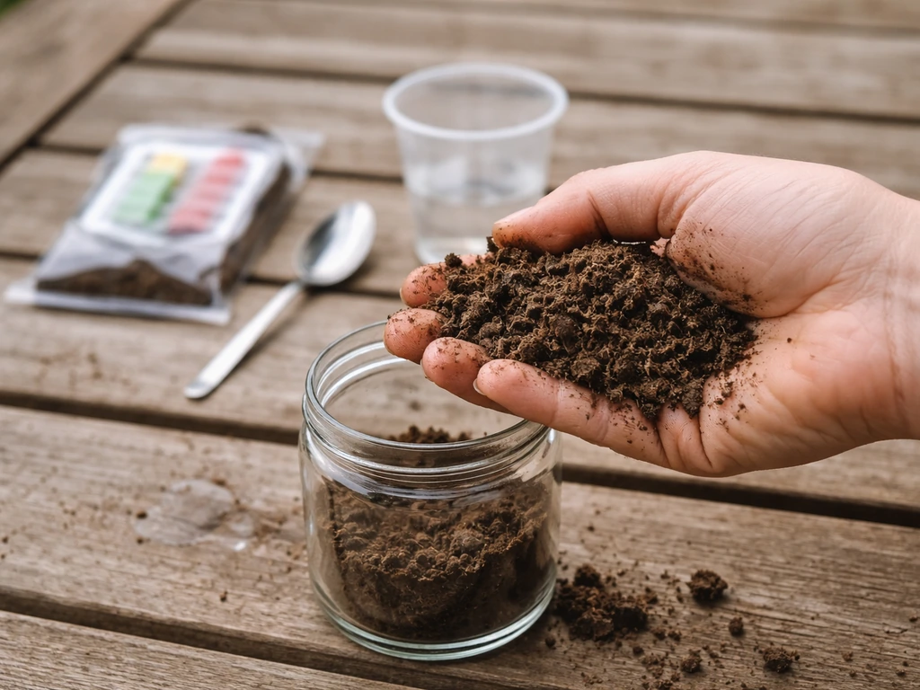 Hand houdt vochtig tuingrondje boven een glazen pot; daarnaast staan eenvoudige bekers en testmateriaal.