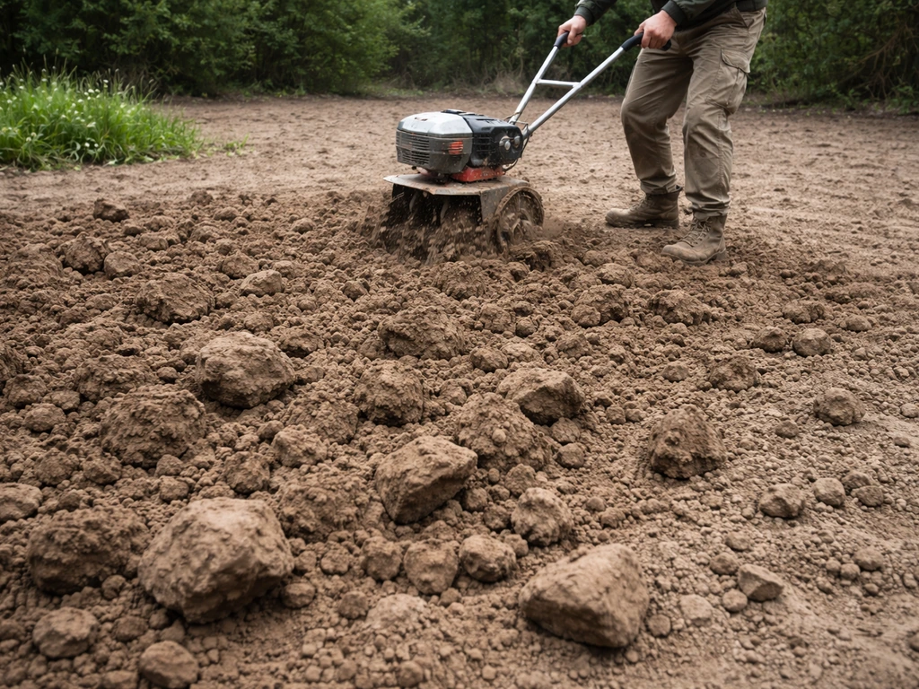 Tuinwerker die zware kleigrond freest/spit; losgemaakte kluiten en omgewoelde aarde in een minimalistische tuin.