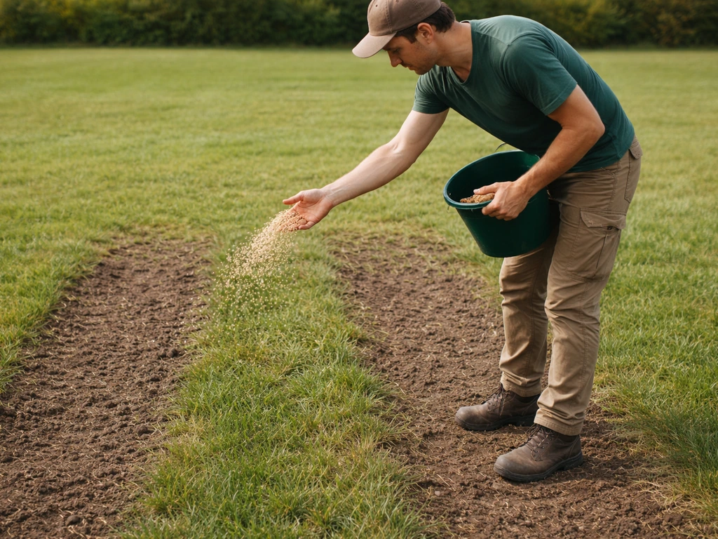 Iemand spreidt graszaad met de hand over een veld; twee nette looprichtingen voor gelijkmatige verdeling.