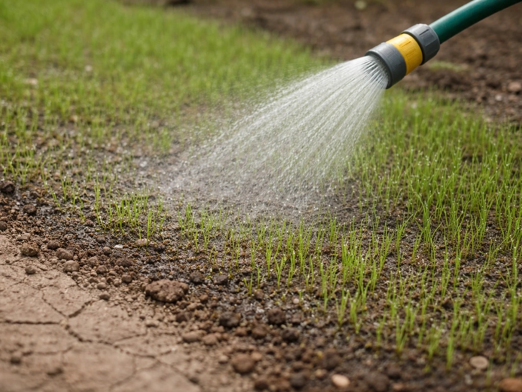 Fijne sproeinevel over vers gezaaid gras op kleigrond, subtiel vochtige bovenlaag zonder wegspoelen.
