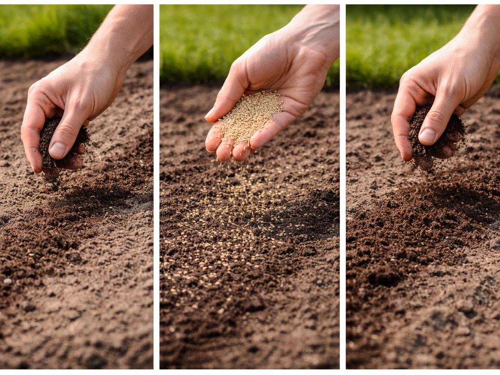 Handmatig graszaaien op potgrond: dunne toplaag, graszaad uitstrooien en licht afdekken.