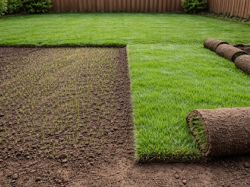 Twee stroken tuin: links net gezaaid gras, rechts uitgerolde grasmatten, in natuurlijk licht.